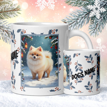 Pomeranian (Cream) Winter Mug - cream pomeranian artwork standing in a bright winter setting with snow