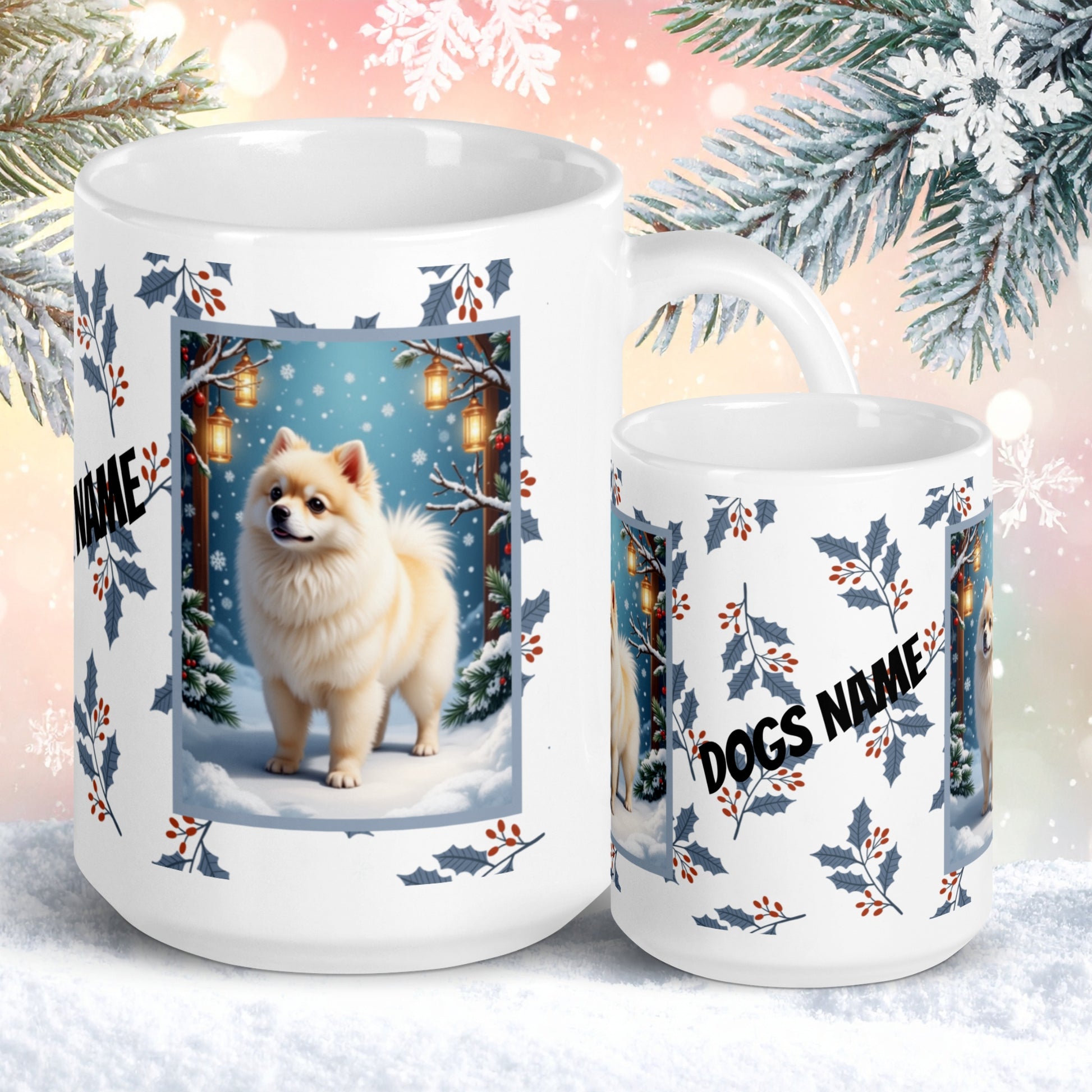 Pomeranian (White & Cream) Winter Mug - white and cream pomeranian artwork standing in a snowy winter setting