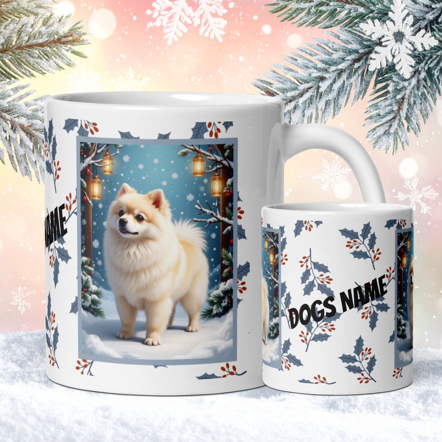 Pomeranian (White & Cream) Winter Mug - white and cream pomeranian artwork standing in a snowy winter setting