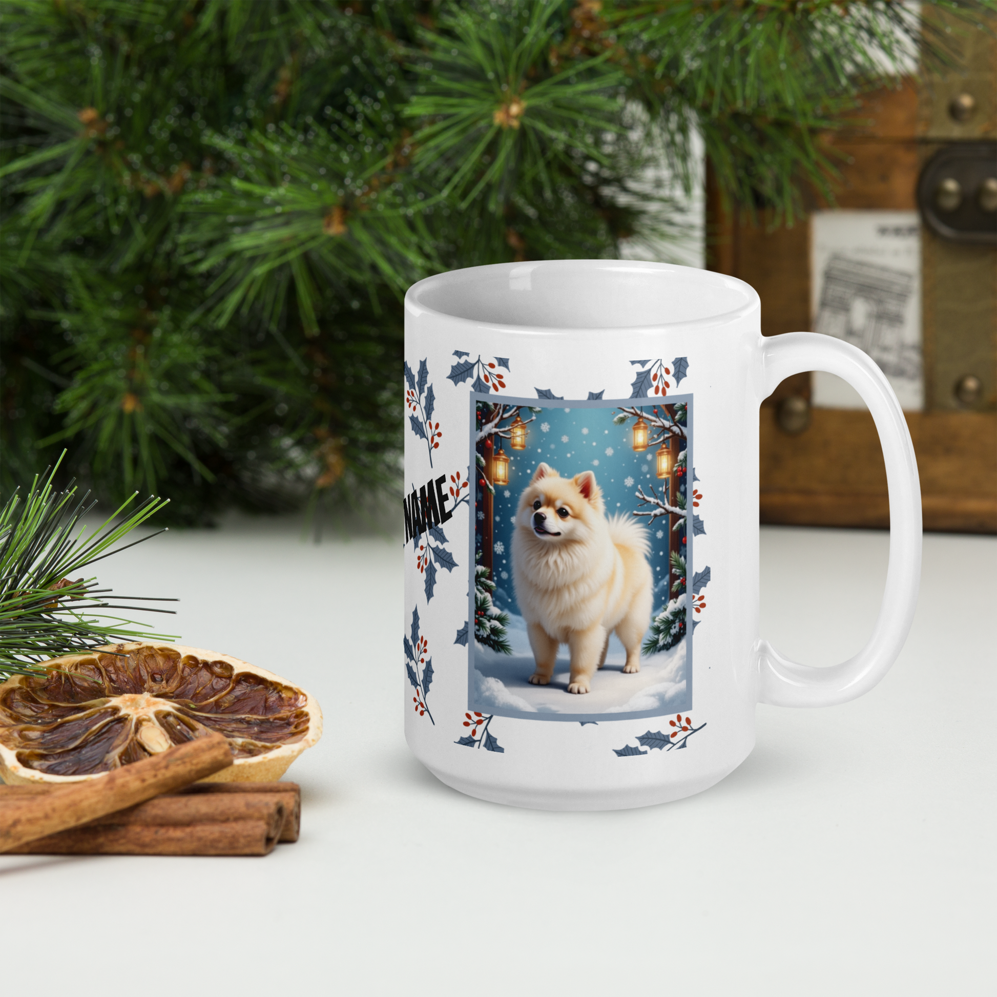 Pomeranian (White & Cream) Winter Mug - white and cream pomeranian artwork standing in a snowy winter setting