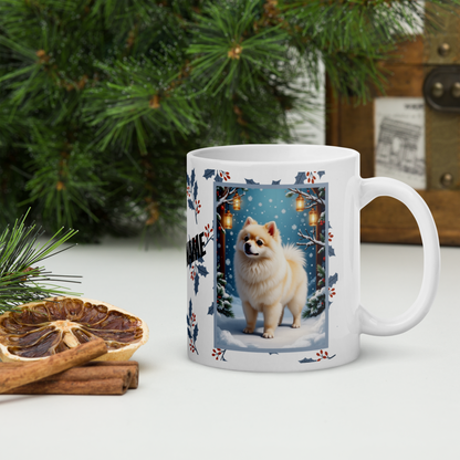 Pomeranian (White & Cream) Winter Mug - white and cream pomeranian artwork standing in a snowy winter setting