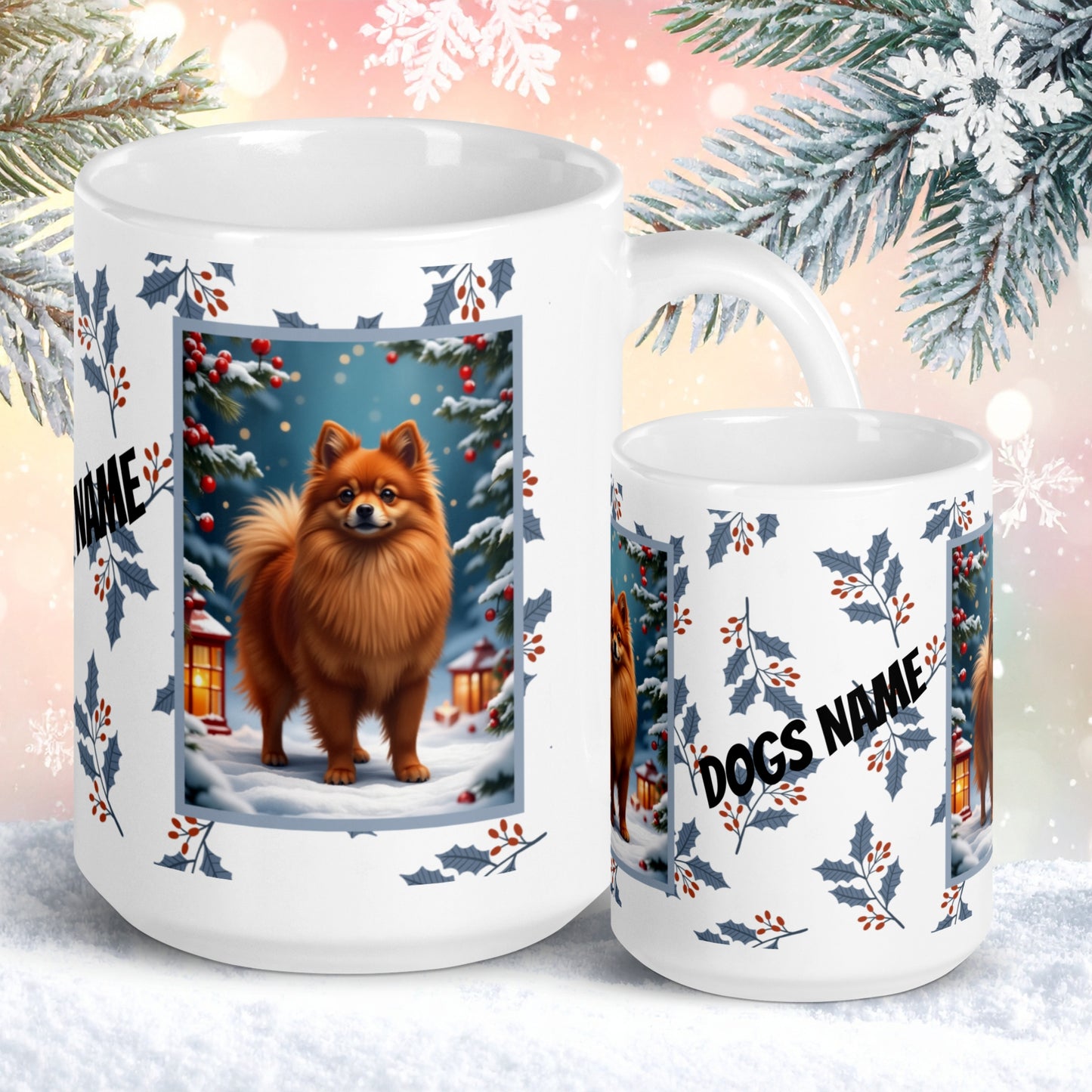 Pomeranian (Red) Winter Mug - red pomeranian illustrated standing in a winter scene with seasonal background