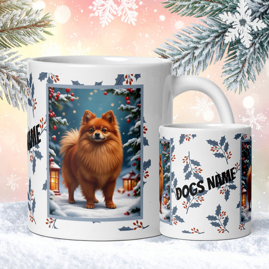 Pomeranian (Red) Winter Mug - red pomeranian illustrated standing in a winter scene with seasonal background