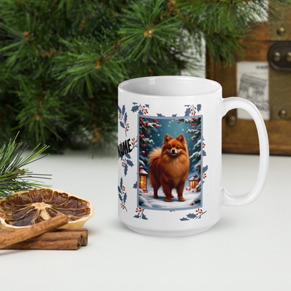 Pomeranian (Red) Winter Mug - red pomeranian illustrated standing in a winter scene with seasonal background