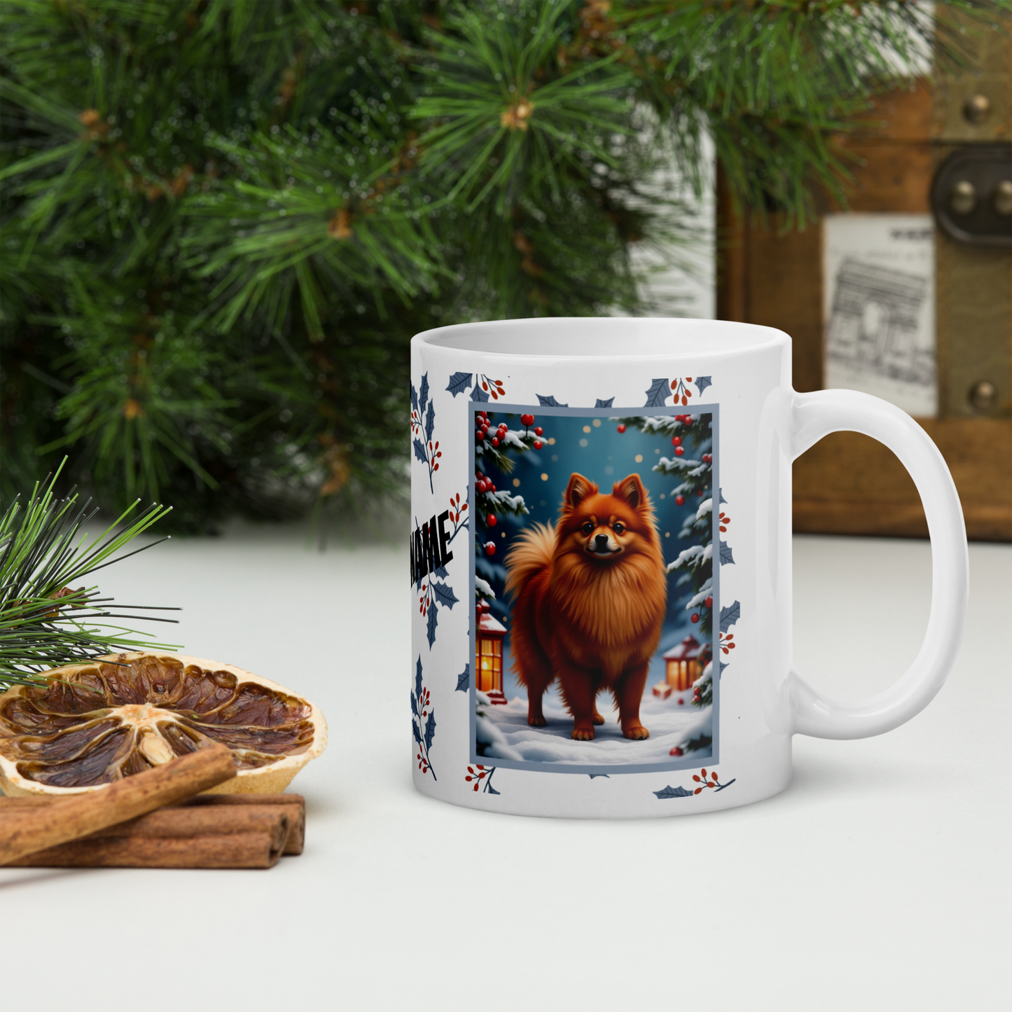 Pomeranian (Red) Winter Mug - red pomeranian illustrated standing in a winter scene with seasonal background