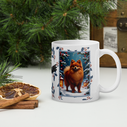 Pomeranian (Red) Winter Mug - red pomeranian illustrated standing in a winter scene with seasonal background