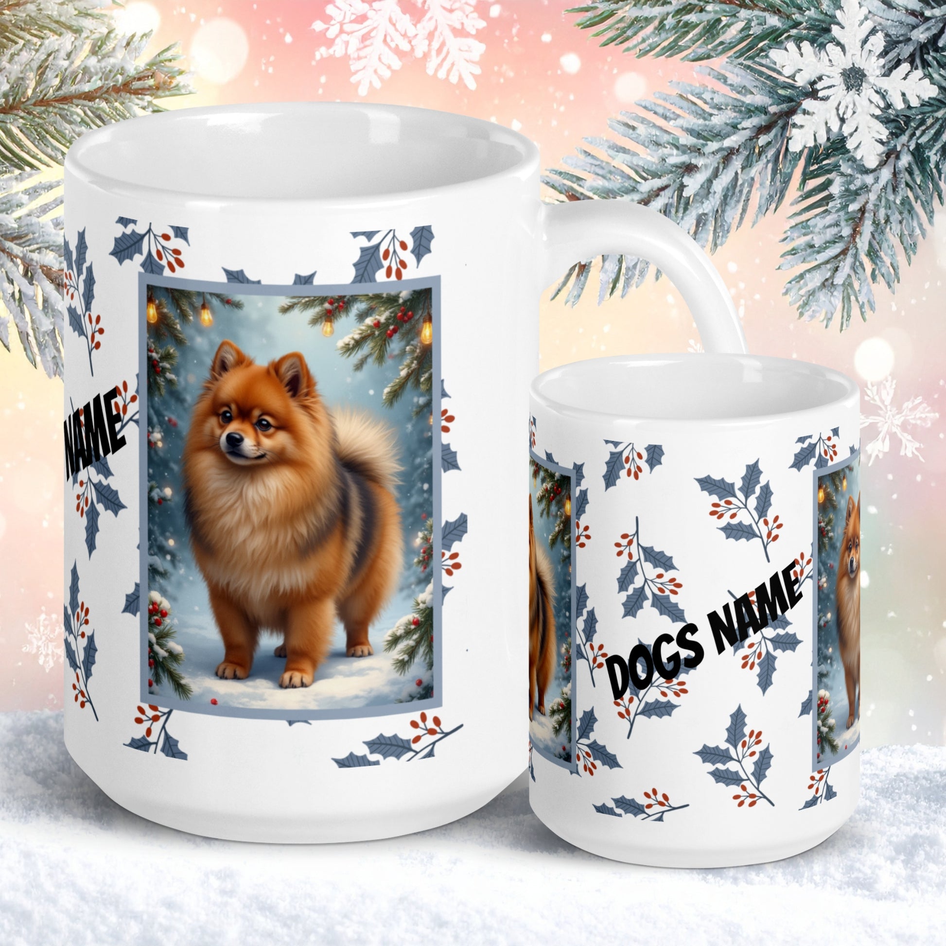 Pomeranian (Orange Sable) Winter Mug - orange sable pomeranian illustrated standing in a winter scene with pine trees