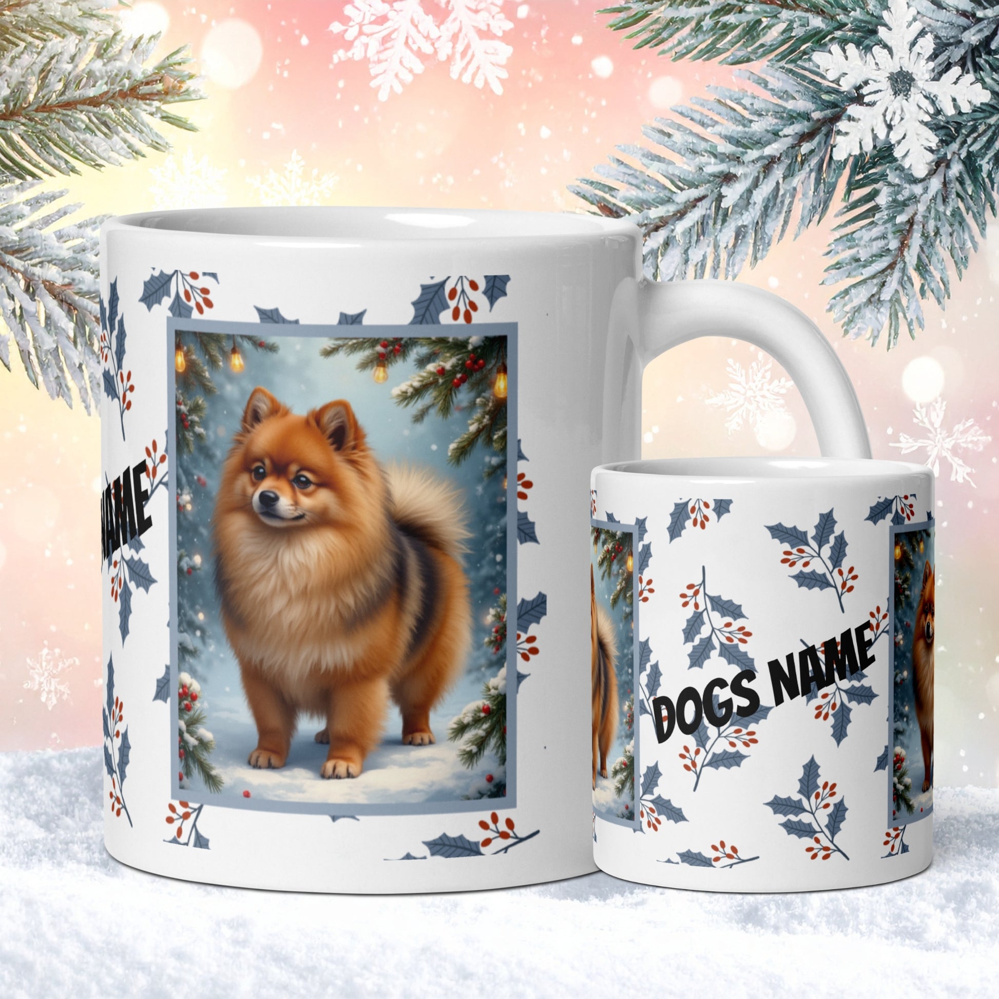 Pomeranian (Orange Sable) Winter Mug - orange sable pomeranian illustrated standing in a winter scene with pine trees