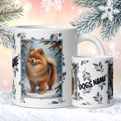 Pomeranian (Orange Sable) Winter Mug - orange sable pomeranian illustrated standing in a winter scene with pine trees