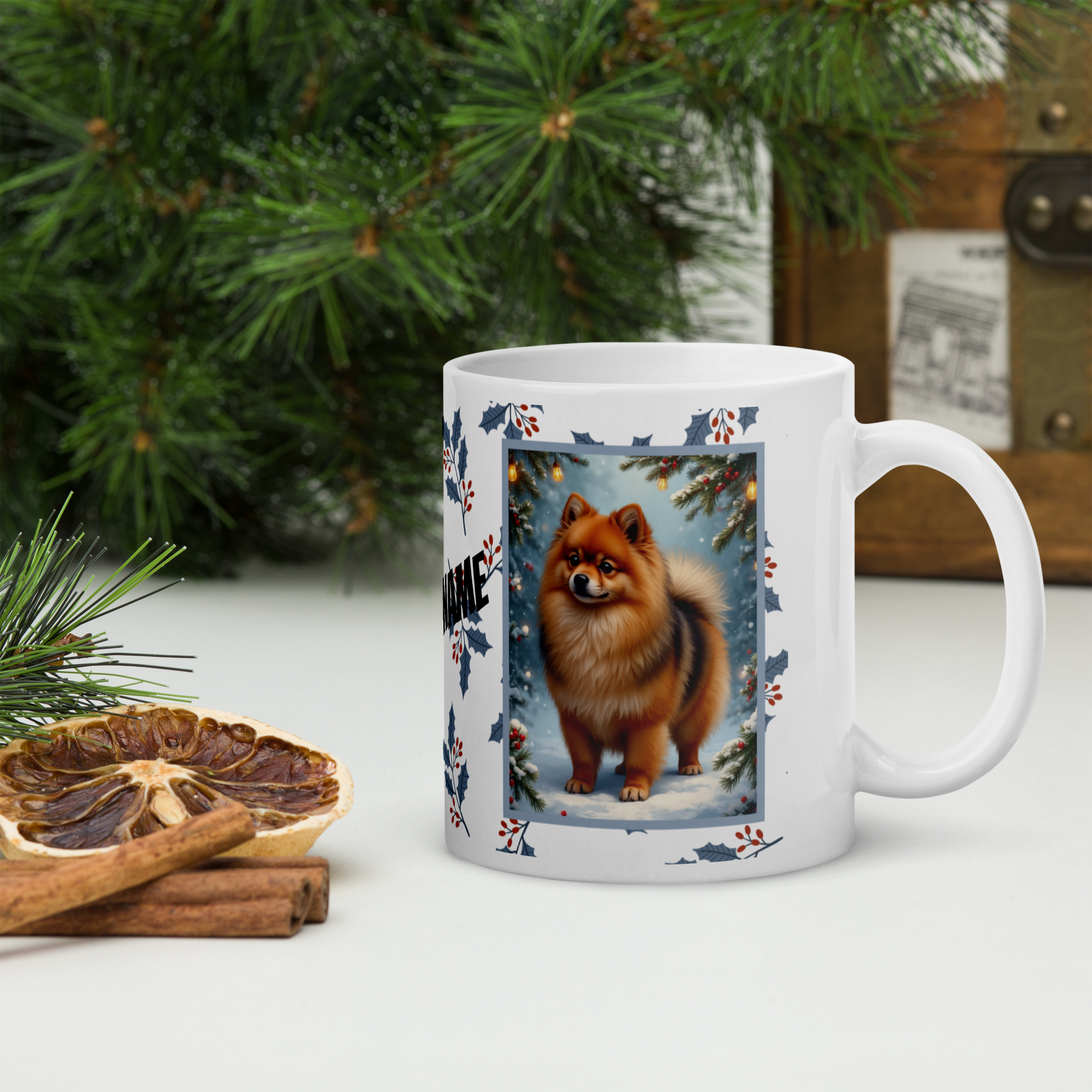 Pomeranian (Orange Sable) Winter Mug - orange sable pomeranian illustrated standing in a winter scene with pine trees