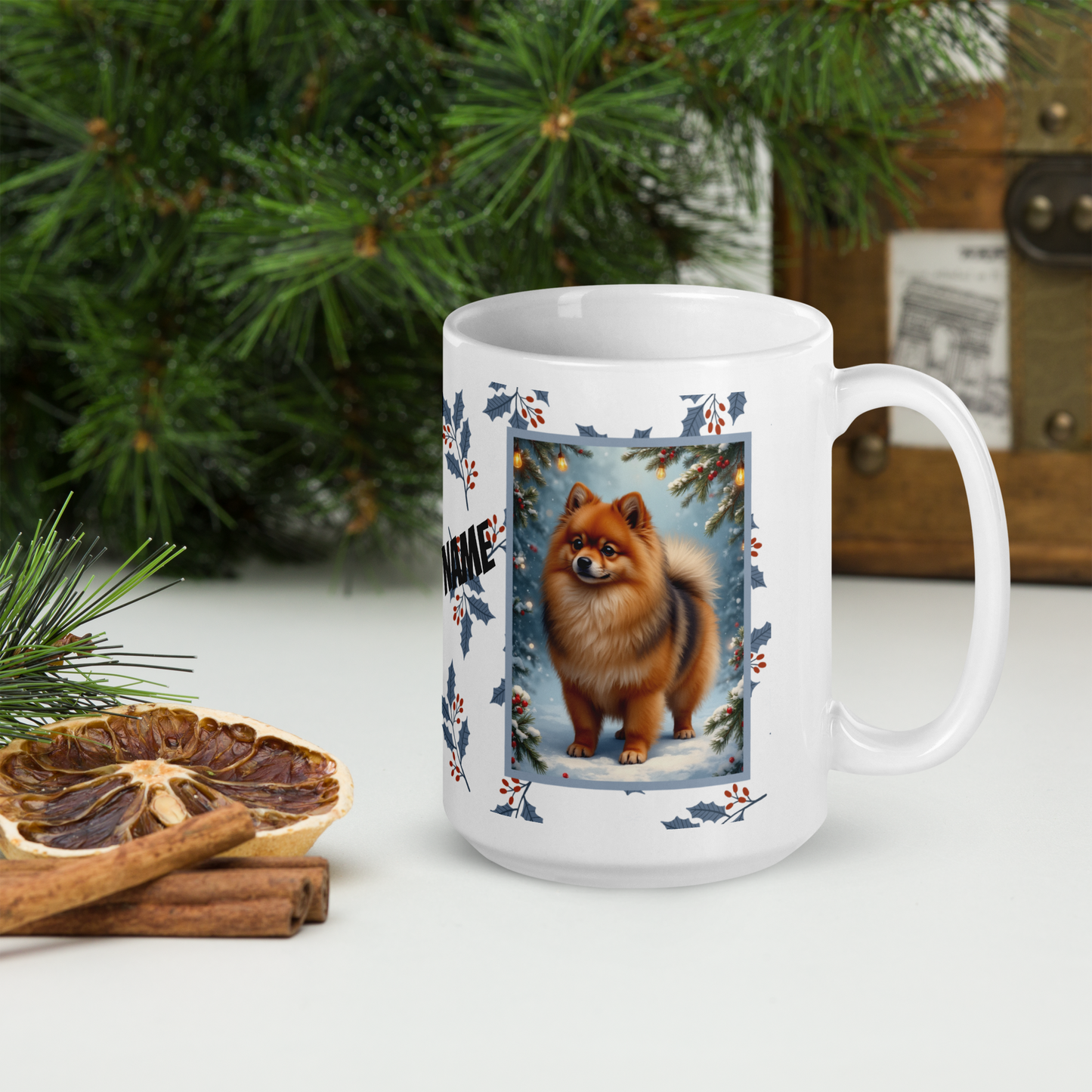 Pomeranian (Orange Sable) Winter Mug - orange sable pomeranian illustrated standing in a winter scene with pine trees