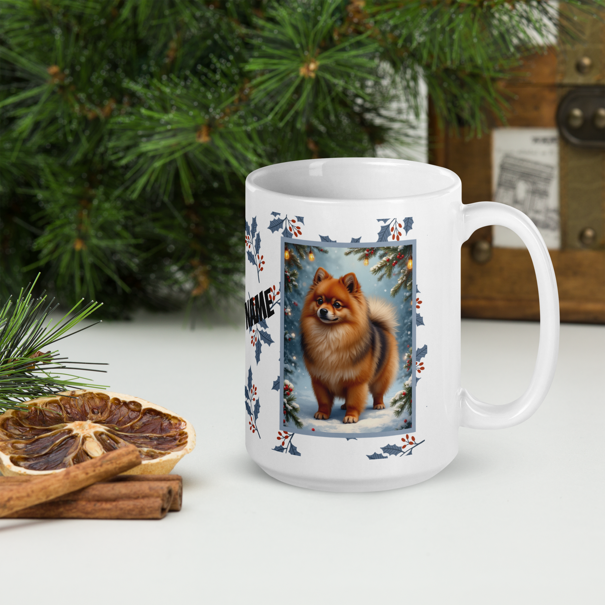 Pomeranian (Orange Sable) Winter Mug - orange sable pomeranian illustrated standing in a winter scene with pine trees
