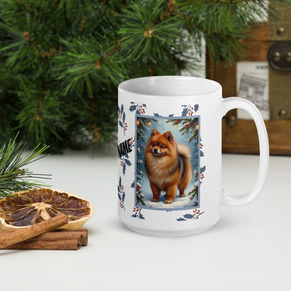 Pomeranian (Orange Sable) Winter Mug - orange sable pomeranian illustrated standing in a winter scene with pine trees