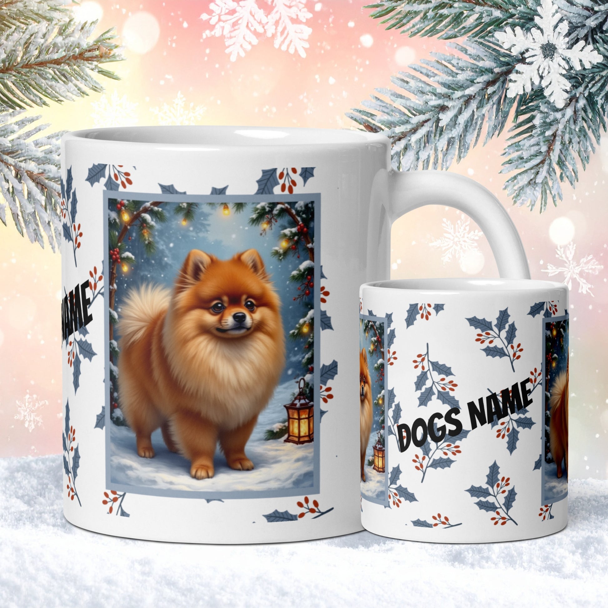 Pomeranian (Orange) Winter Mug - orange pomeranian artwork standing in a cozy winter setting with snow