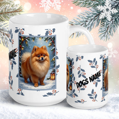 Pomeranian (Orange) Winter Mug - orange pomeranian artwork standing in a cozy winter setting with snow