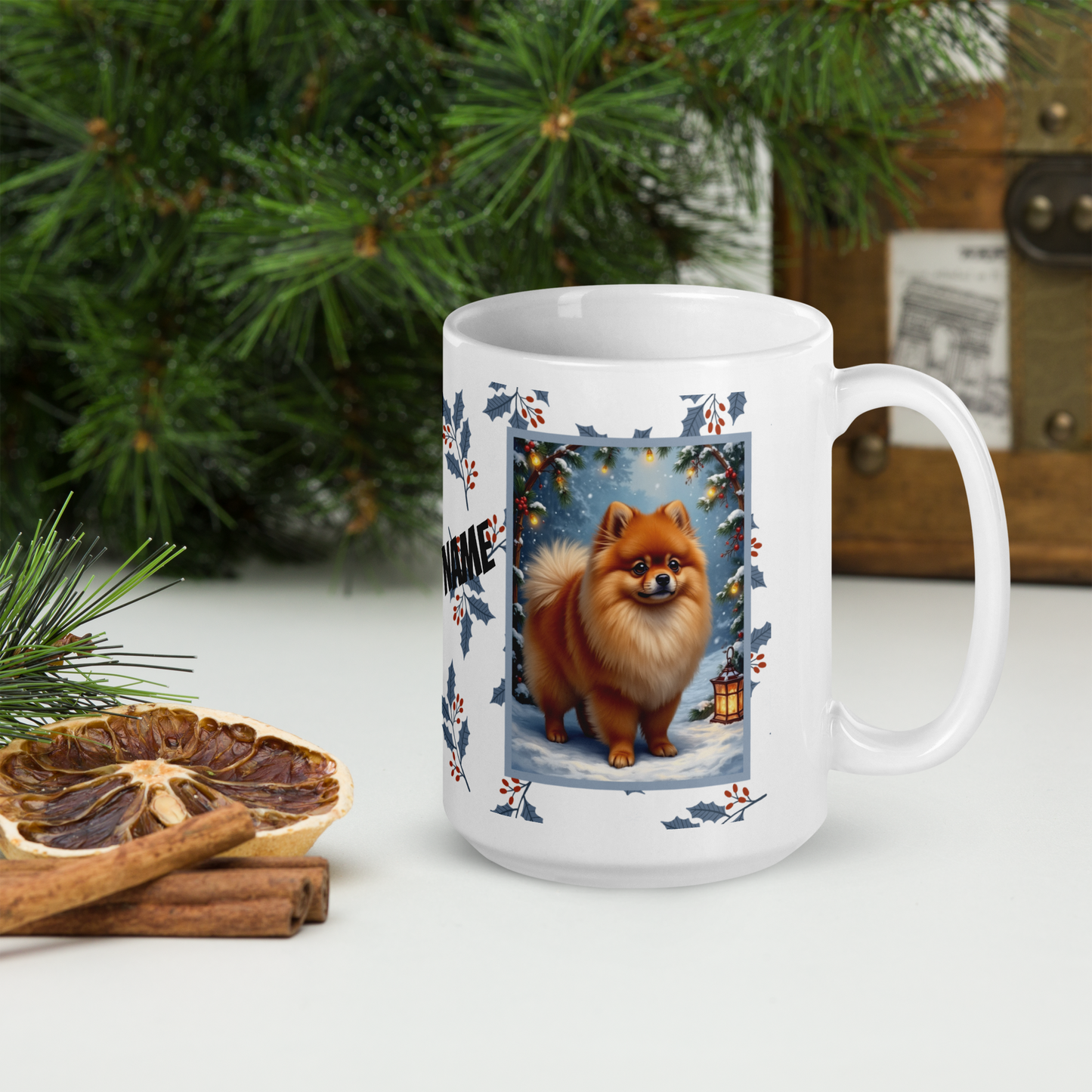Pomeranian (Orange) Winter Mug - orange pomeranian artwork standing in a cozy winter setting with snow