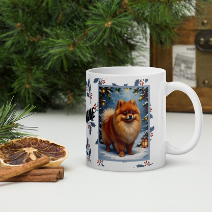 Pomeranian (Orange) Winter Mug - orange pomeranian artwork standing in a cozy winter setting with snow