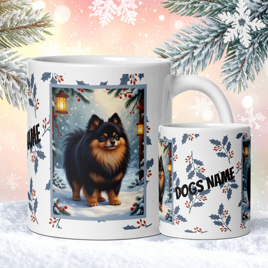 Pomeranian (Black & Tan) Winter Mug - black and tan pomeranian illustrated standing in a winter scene with snowy background
