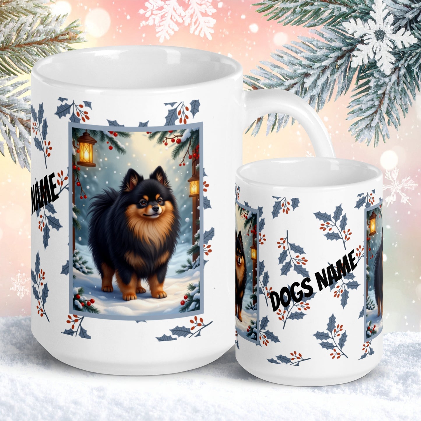 Pomeranian (Black & Tan) Winter Mug - black and tan pomeranian illustrated standing in a winter scene with snowy background