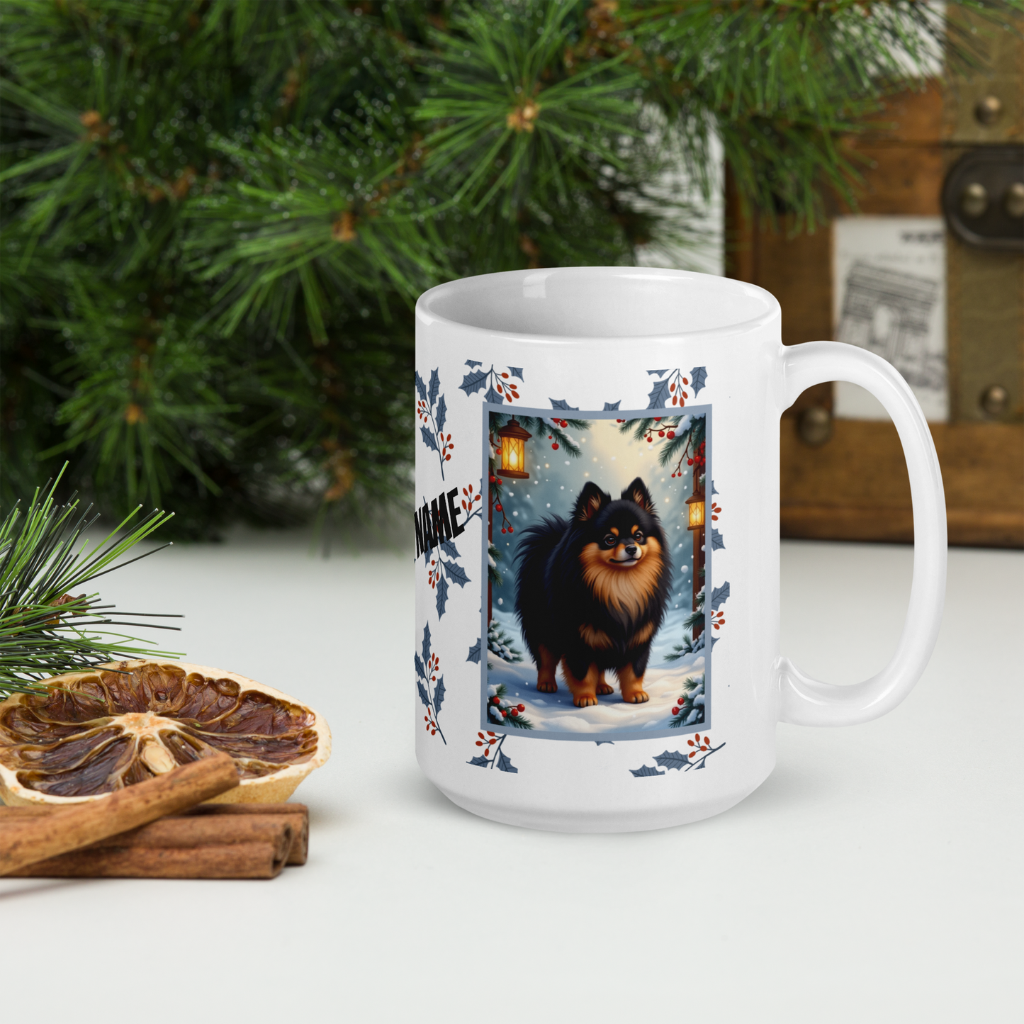 Pomeranian (Black & Tan) Winter Mug - black and tan pomeranian illustrated standing in a winter scene with snowy background