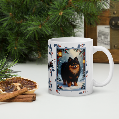 Pomeranian (Black & Tan) Winter Mug - black and tan pomeranian illustrated standing in a winter scene with snowy background