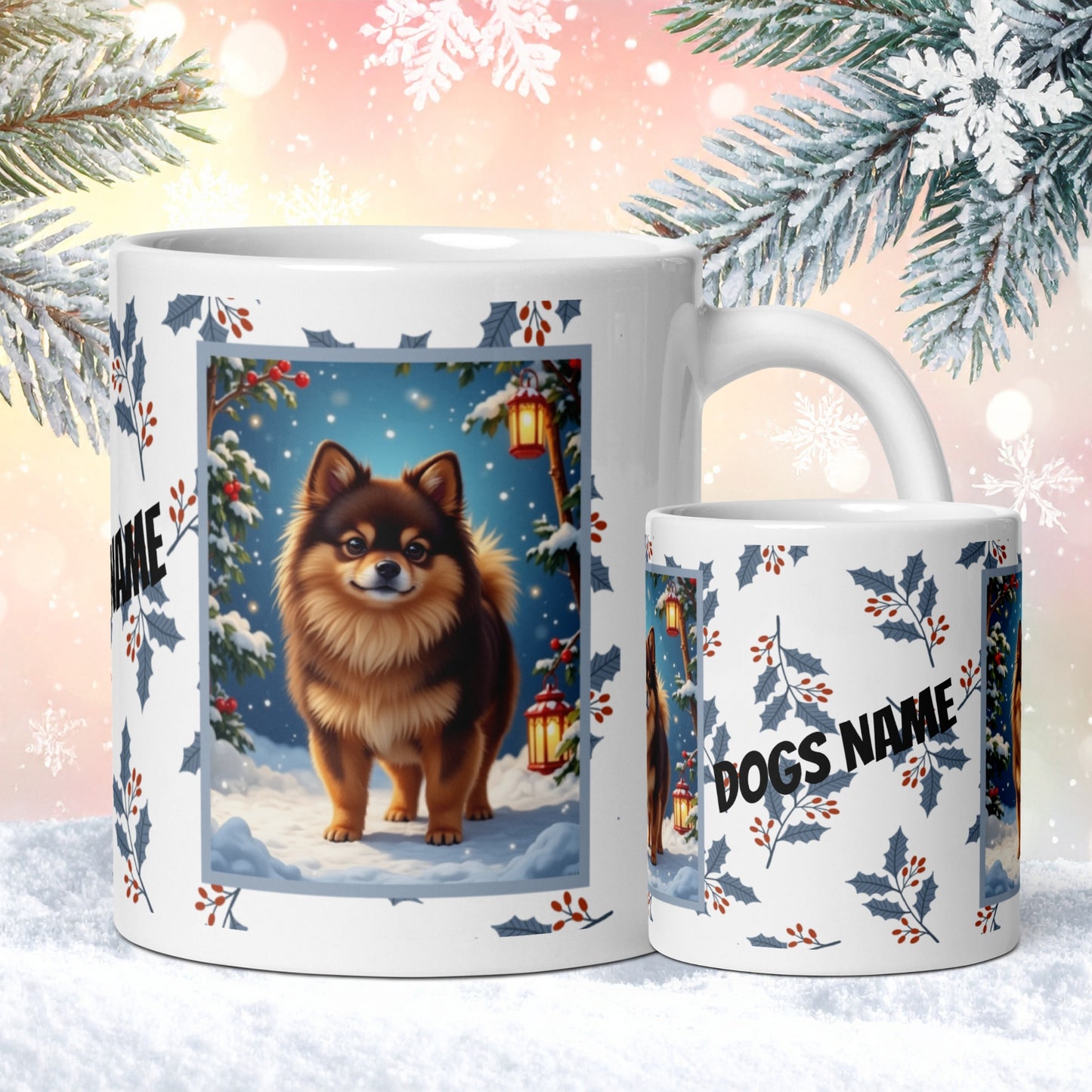 Pomeranian (Chocolate & Tan) Winter Mug - chocolate and tan pomeranian artwork standing in a winter setting