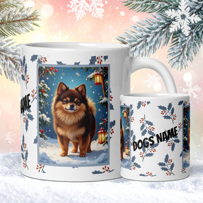 Pomeranian (Chocolate & Tan) Winter Mug - chocolate and tan pomeranian artwork standing in a winter setting