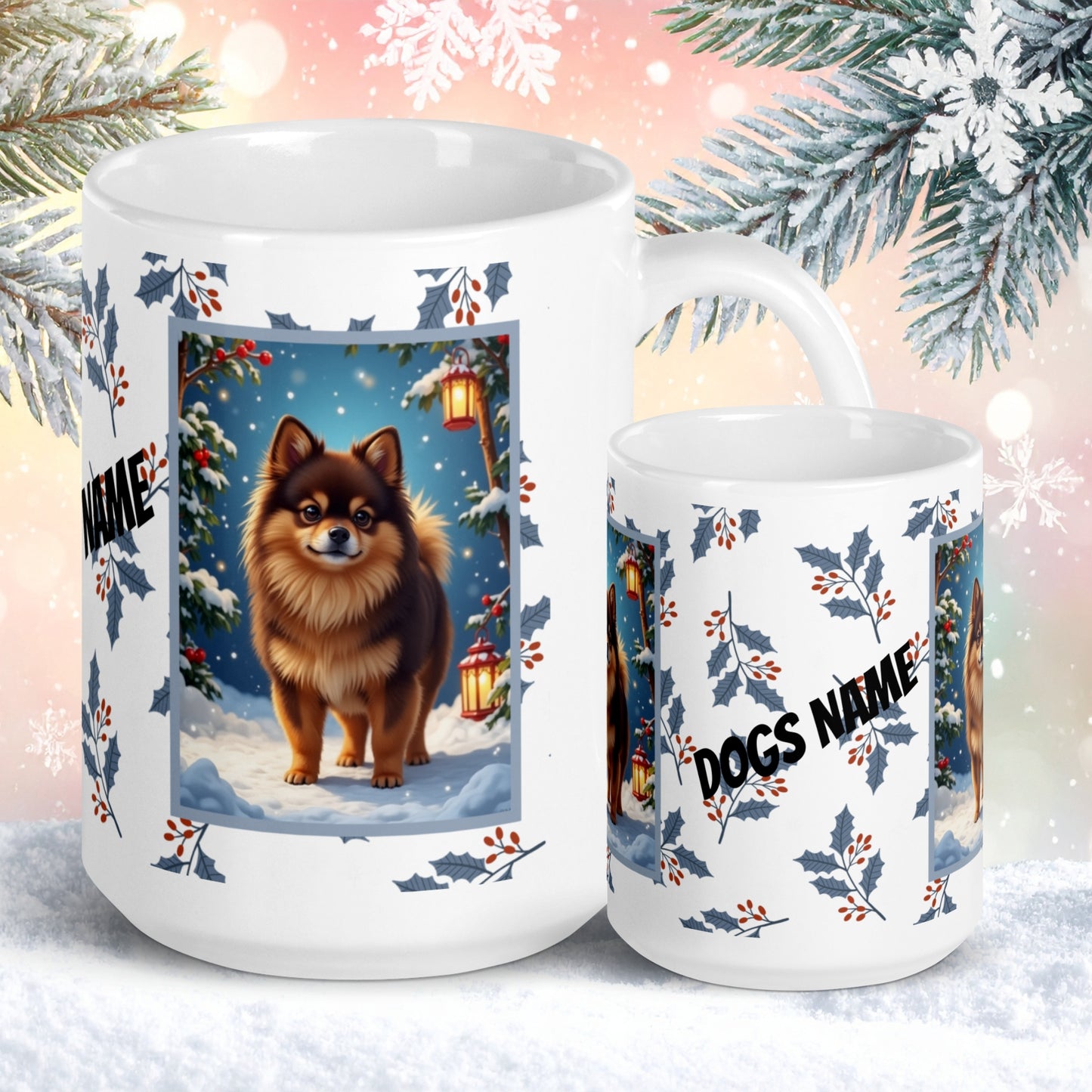Pomeranian (Chocolate & Tan) Winter Mug - chocolate and tan pomeranian artwork standing in a winter setting