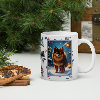 Pomeranian (Chocolate & Tan) Winter Mug - chocolate and tan pomeranian artwork standing in a winter setting