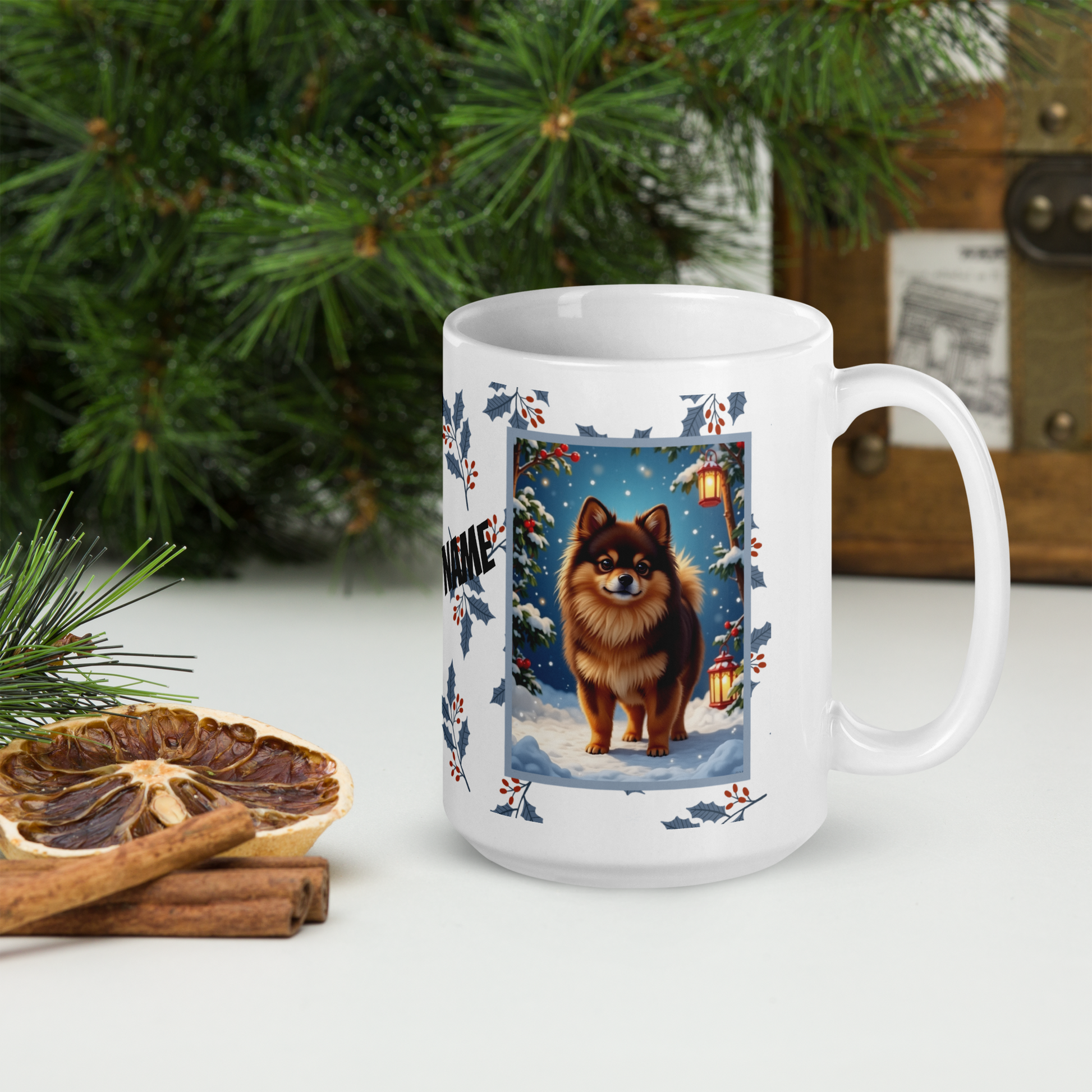 Pomeranian (Chocolate & Tan) Winter Mug - chocolate and tan pomeranian artwork standing in a winter setting