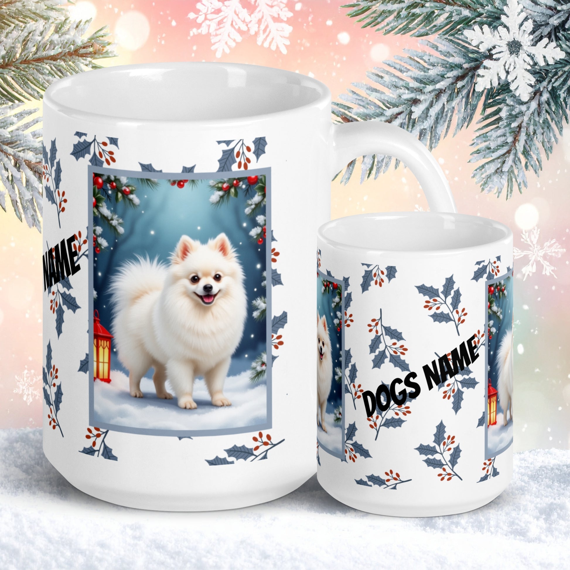 Pomeranian (White) Winter Mug - white pomeranian illustrated standing in a winter scene with soft snow