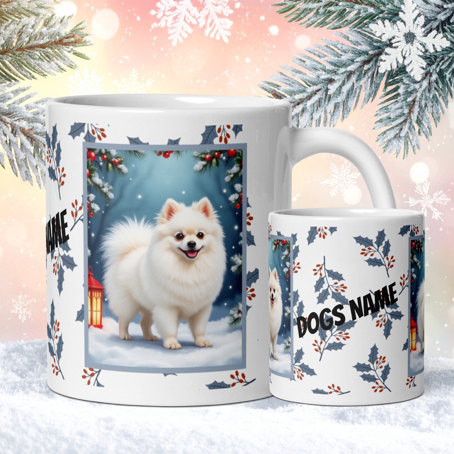 Pomeranian (White) Winter Mug - white pomeranian illustrated standing in a winter scene with soft snow