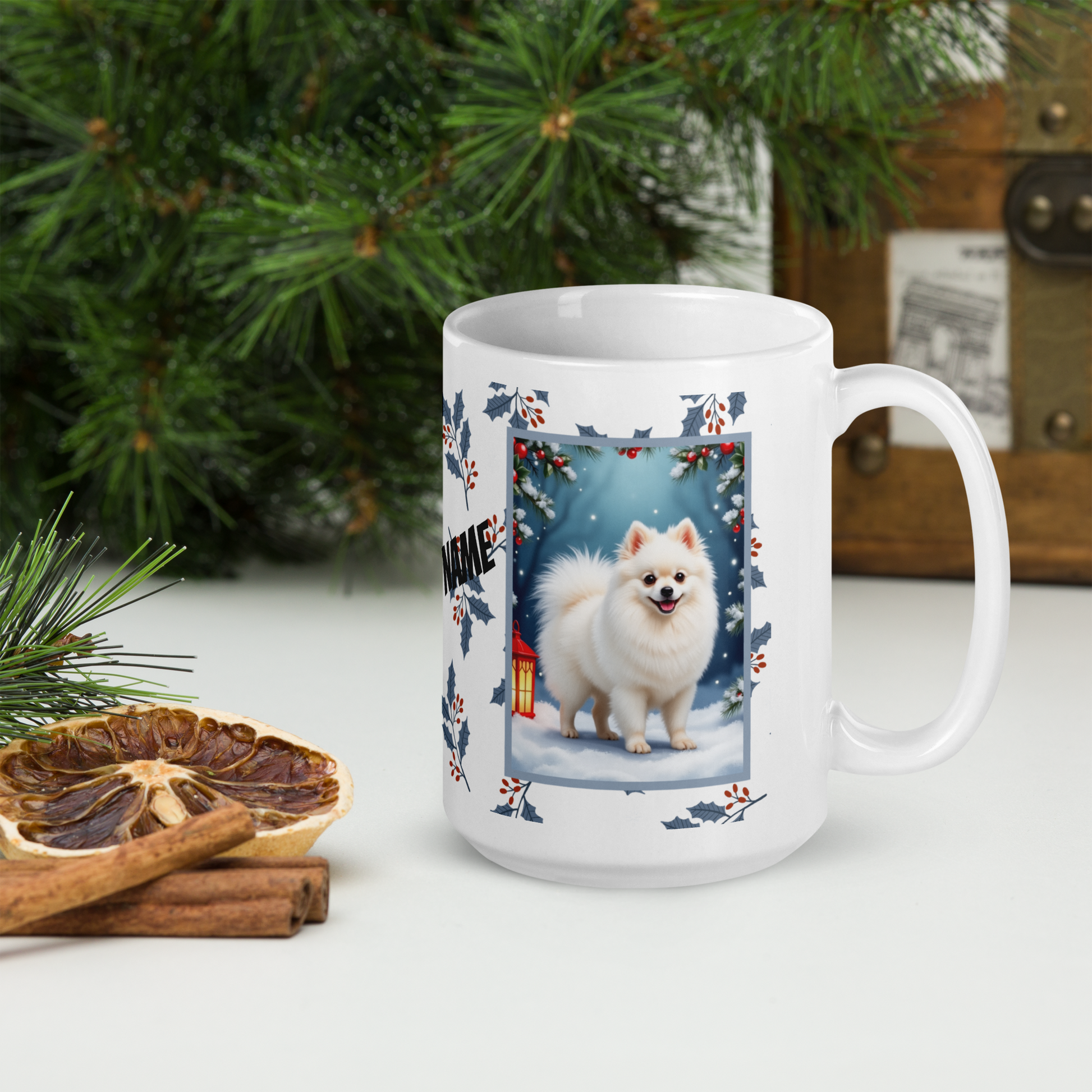 Pomeranian (White) Winter Mug - white pomeranian illustrated standing in a winter scene with soft snow