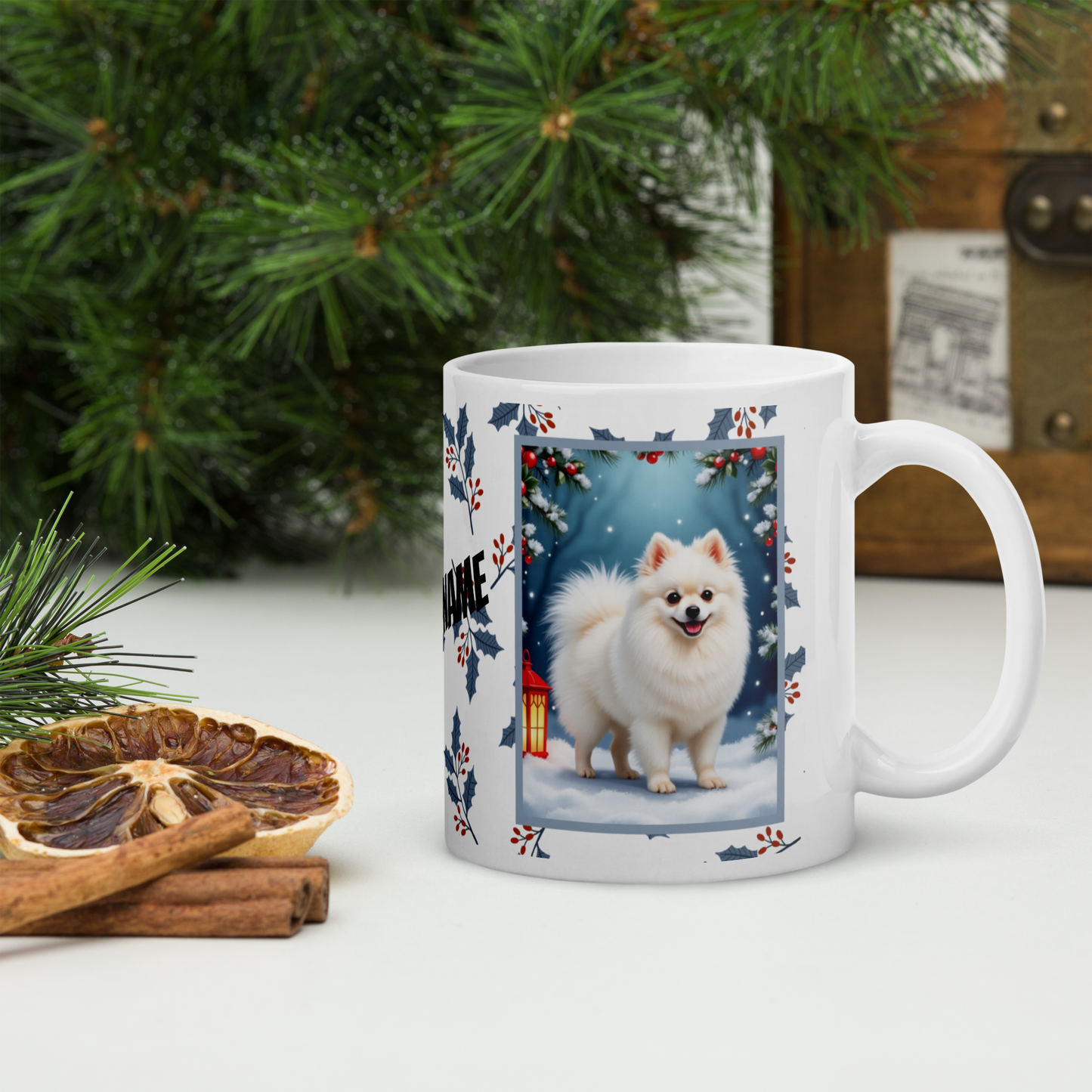Pomeranian (White) Winter Mug - white pomeranian illustrated standing in a winter scene with soft snow