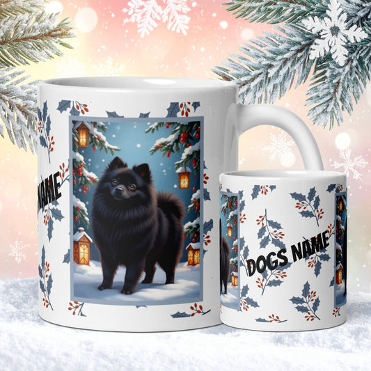 Pomeranian (Black) Winter Mug - black pomeranian artwork standing in a cozy winter setting with pine accents