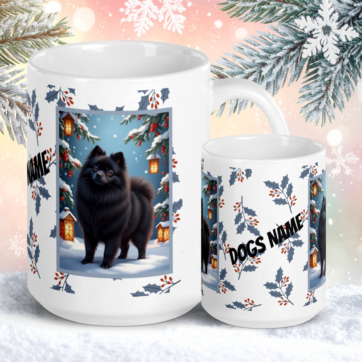 Pomeranian (Black) Winter Mug - black pomeranian artwork standing in a cozy winter setting with pine accents