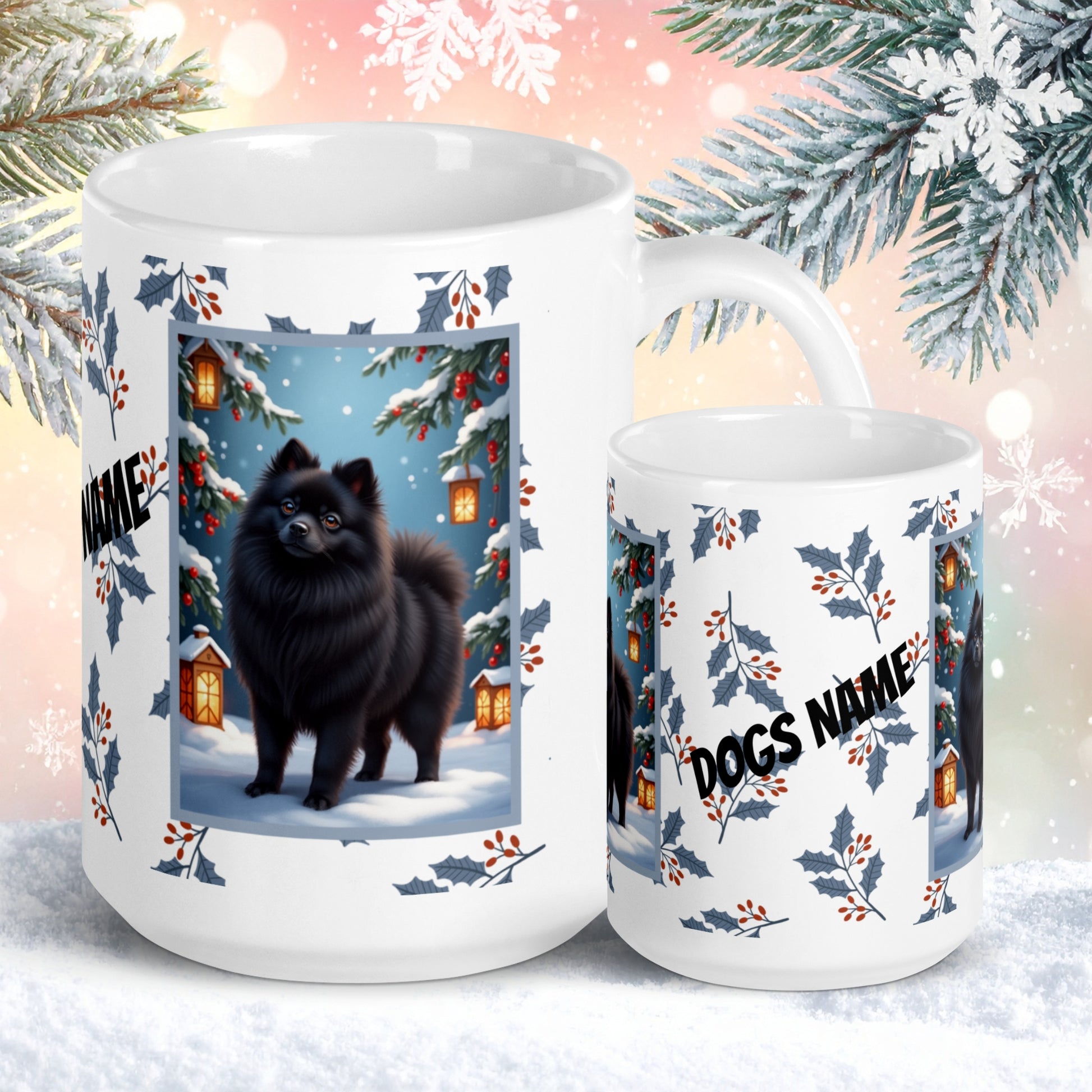 Pomeranian (Black) Winter Mug - black pomeranian artwork standing in a cozy winter setting with pine accents