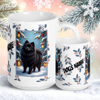 Pomeranian (Black) Winter Mug - black pomeranian artwork standing in a cozy winter setting with pine accents