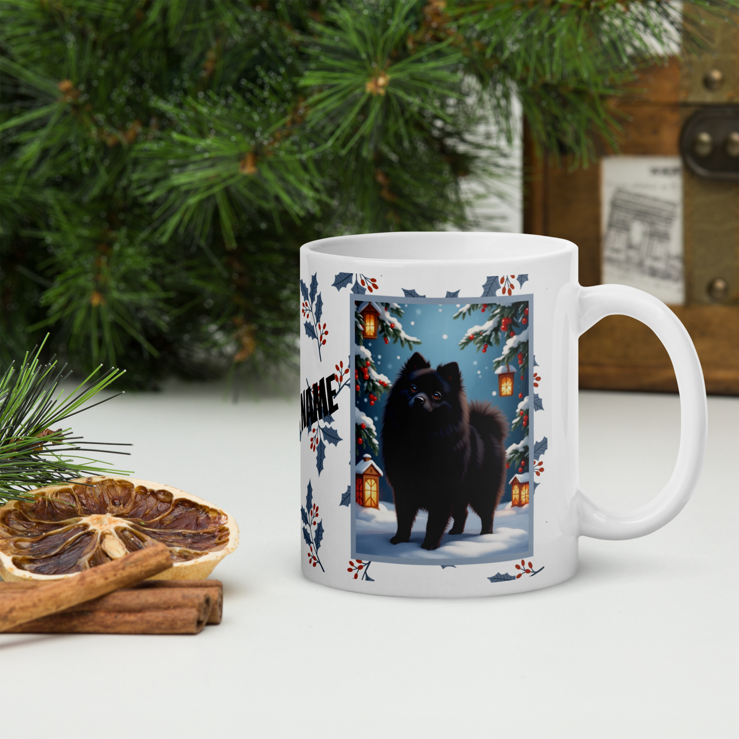 Pomeranian (Black) Winter Mug - black pomeranian artwork standing in a cozy winter setting with pine accents