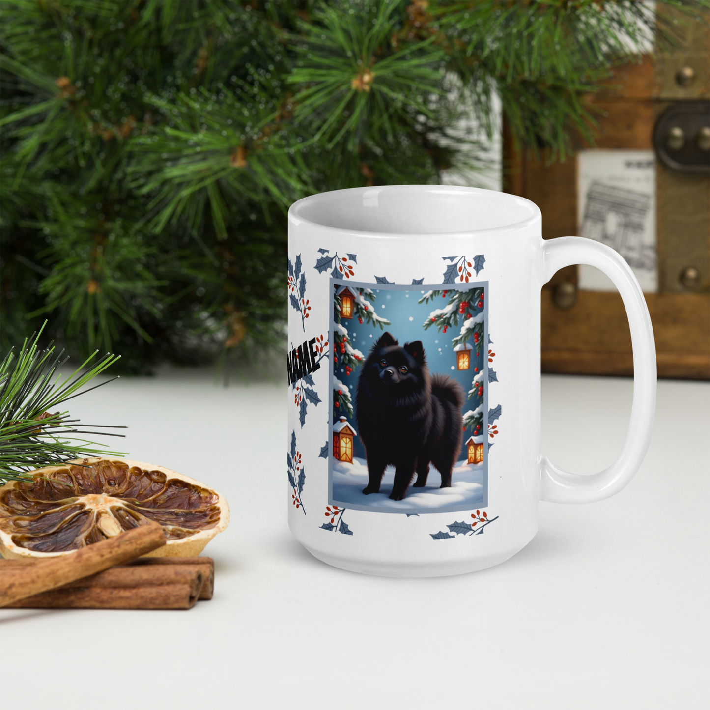 Pomeranian (Black) Winter Mug - black pomeranian artwork standing in a cozy winter setting with pine accents