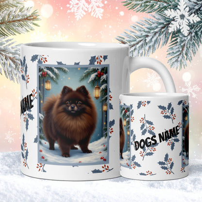 Pomeranian (Chocolate) Winter Mug - chocolate pomeranian illustrated standing in a snowy winter scene