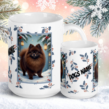 Pomeranian (Chocolate) Winter Mug - chocolate pomeranian illustrated standing in a snowy winter scene