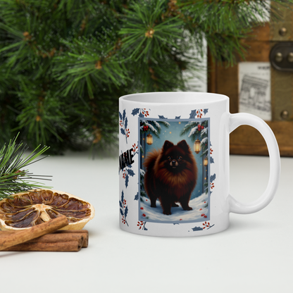 Pomeranian (Chocolate) Winter Mug - chocolate pomeranian illustrated standing in a snowy winter scene