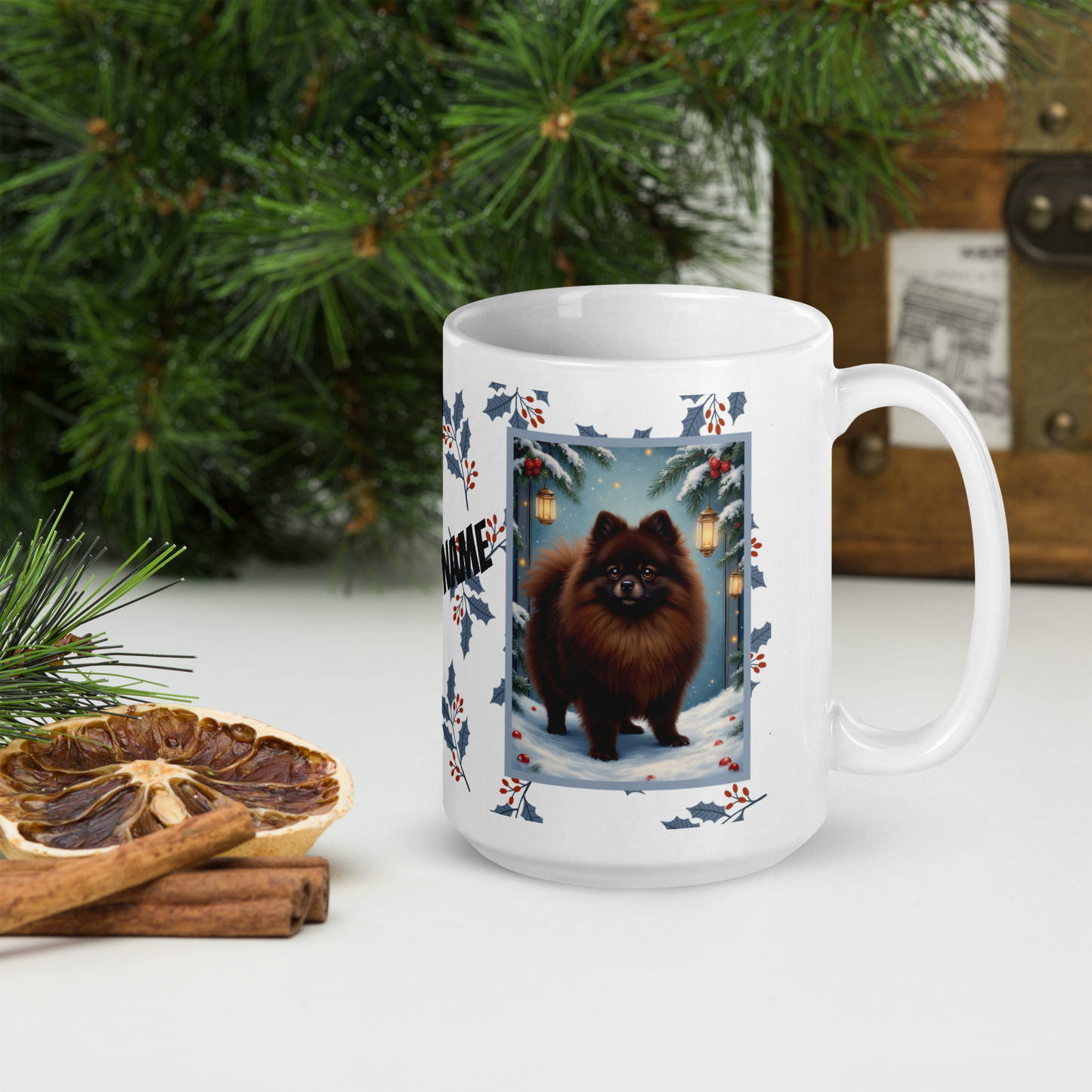Pomeranian (Chocolate) Winter Mug - chocolate pomeranian illustrated standing in a snowy winter scene