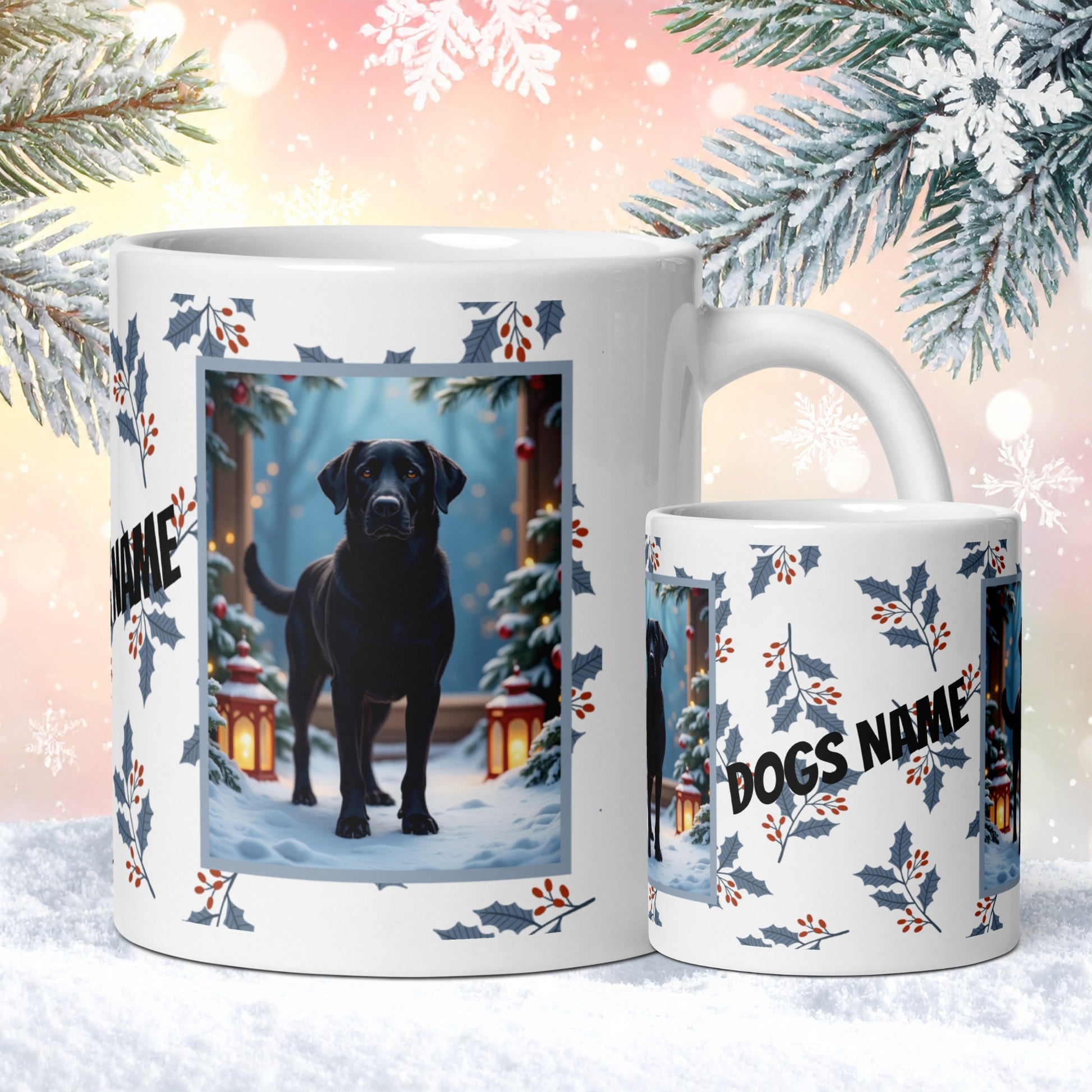 Labrador Retriever (Black) Winter Mug - black labrador retriever illustrated standing in a winter scene with snow-covered ground