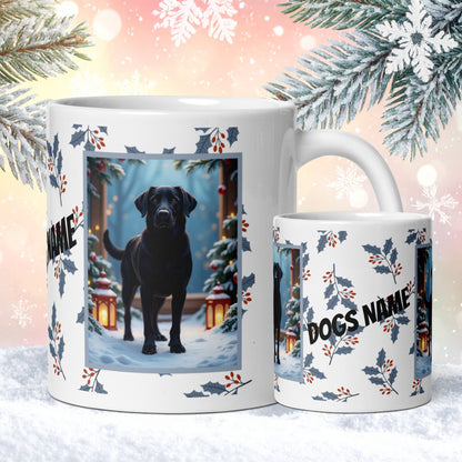 Labrador Retriever (Black) Winter Mug - black labrador retriever illustrated standing in a winter scene with snow-covered ground