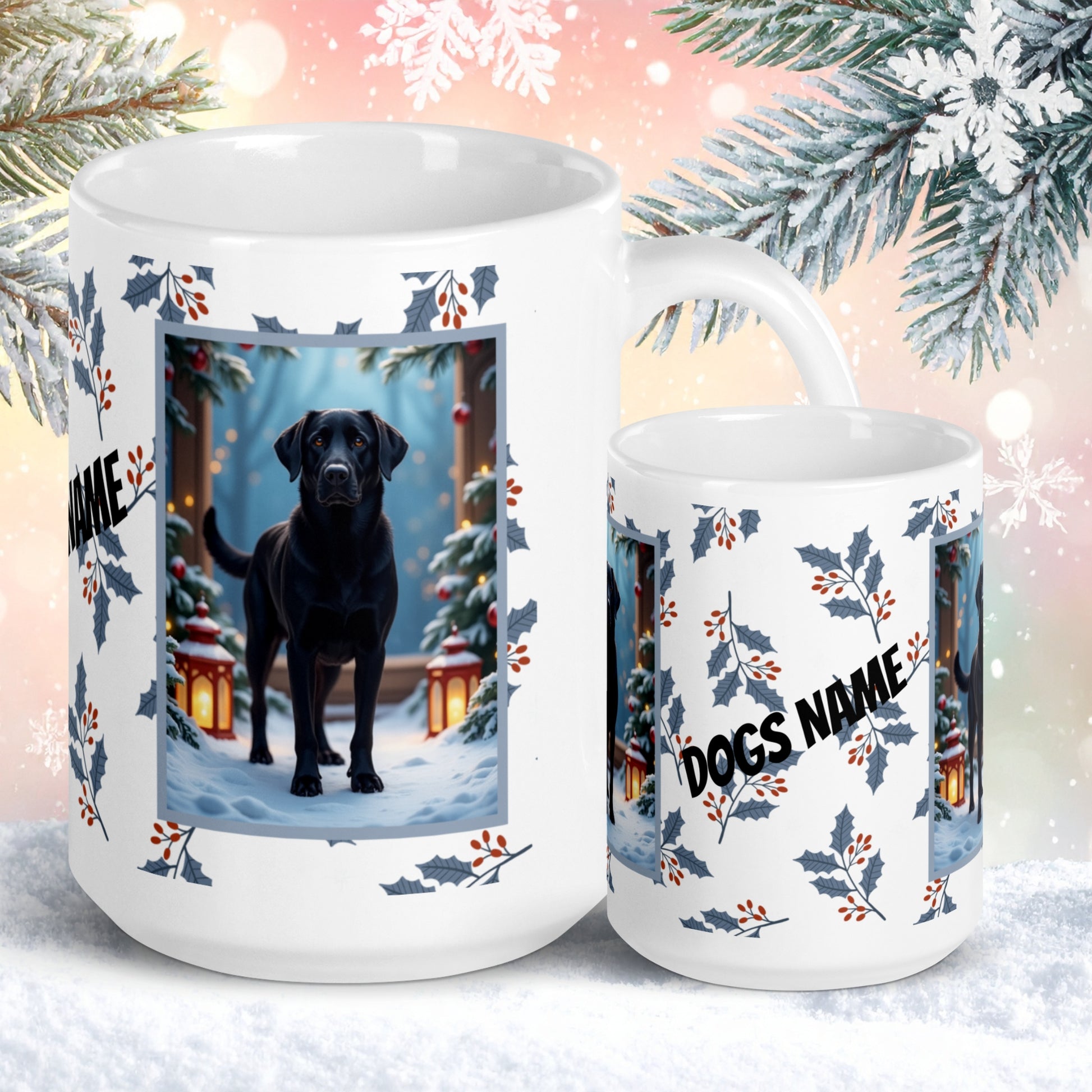 Labrador Retriever (Black) Winter Mug - black labrador retriever illustrated standing in a winter scene with snow-covered ground