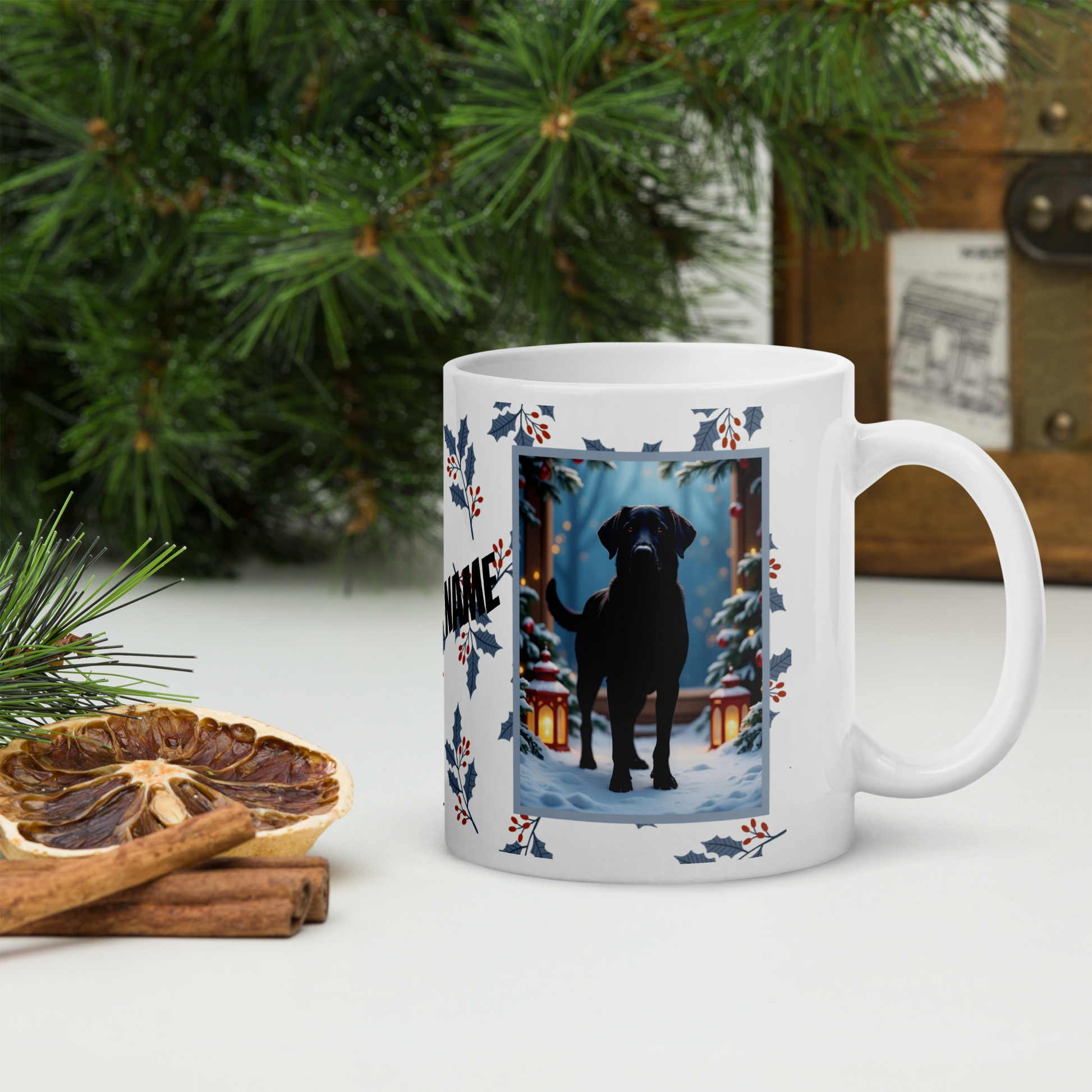 Labrador Retriever (Black) Winter Mug - black labrador retriever illustrated standing in a winter scene with snow-covered ground