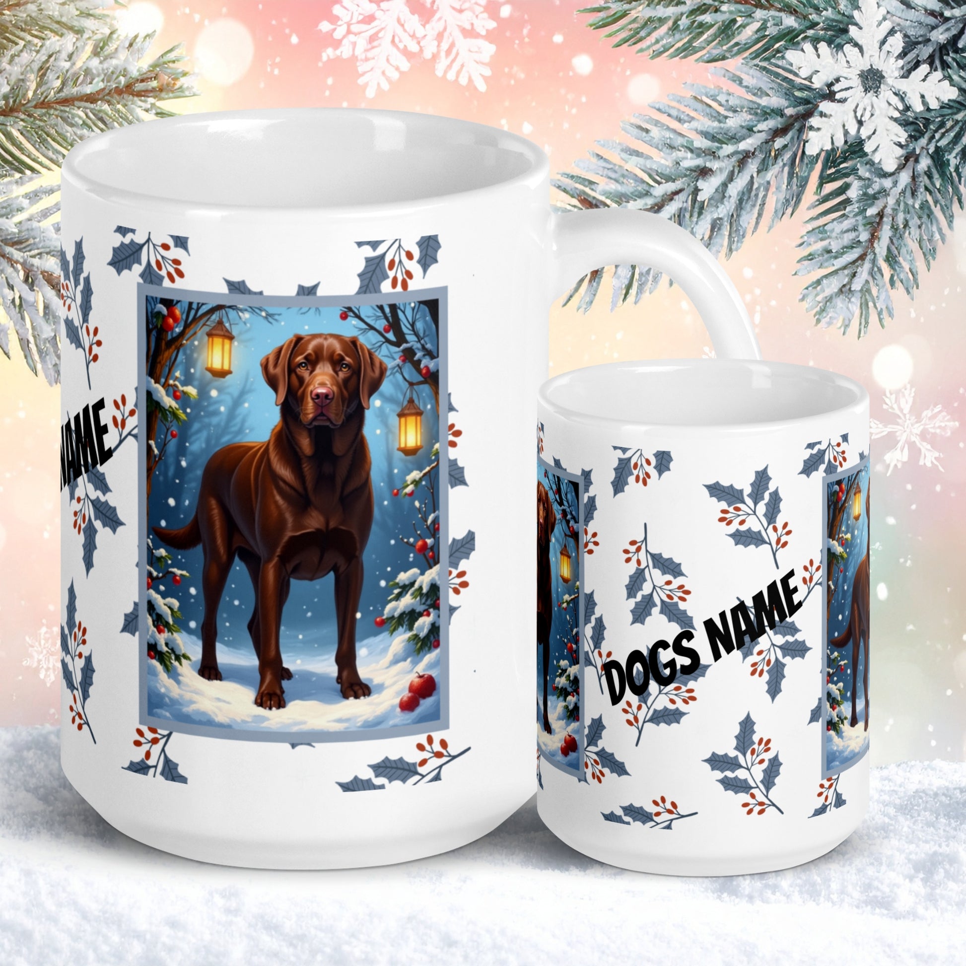 Labrador Retriever (Chocolate) Winter Mug - chocolate lab illustrated standing in a cozy winter setting with snowy details