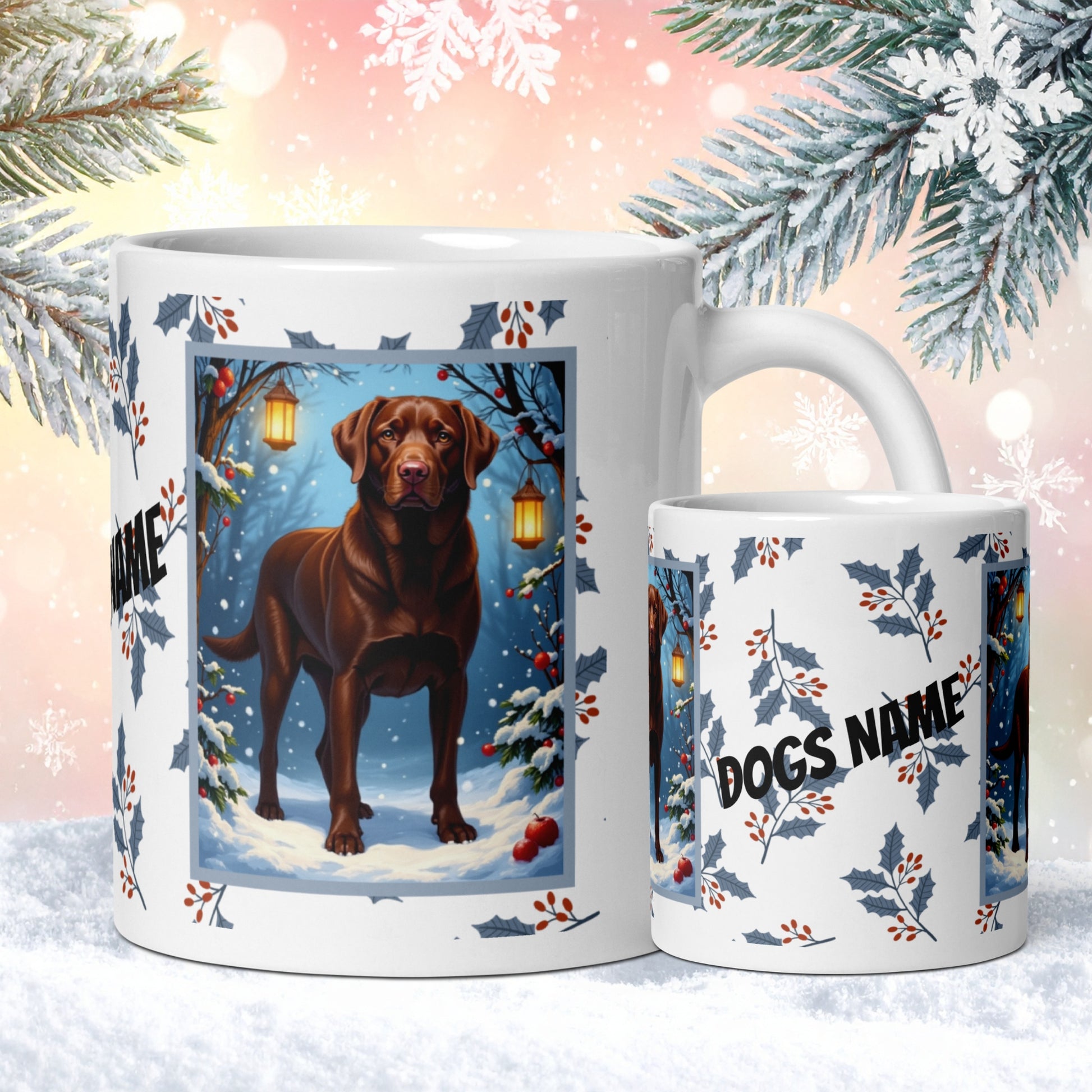 Labrador Retriever (Chocolate) Winter Mug - chocolate lab illustrated standing in a cozy winter setting with snowy details